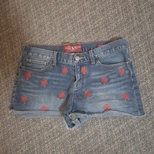 Lucky Brand Blue Denim Shorts with Coral Red Embroidery